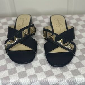 Jessica Simpson Black Sandals with Gold Studs